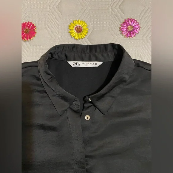 Zara Satin Black Button Down Shirt Womens Size L - Picture 3 of 10
